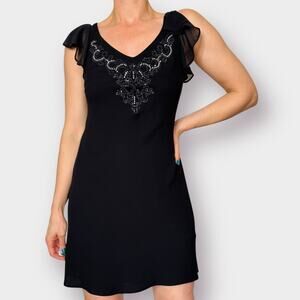 90s S.L. Fashions Black Flutter Sleeve Beaded Front Dress Size 4P